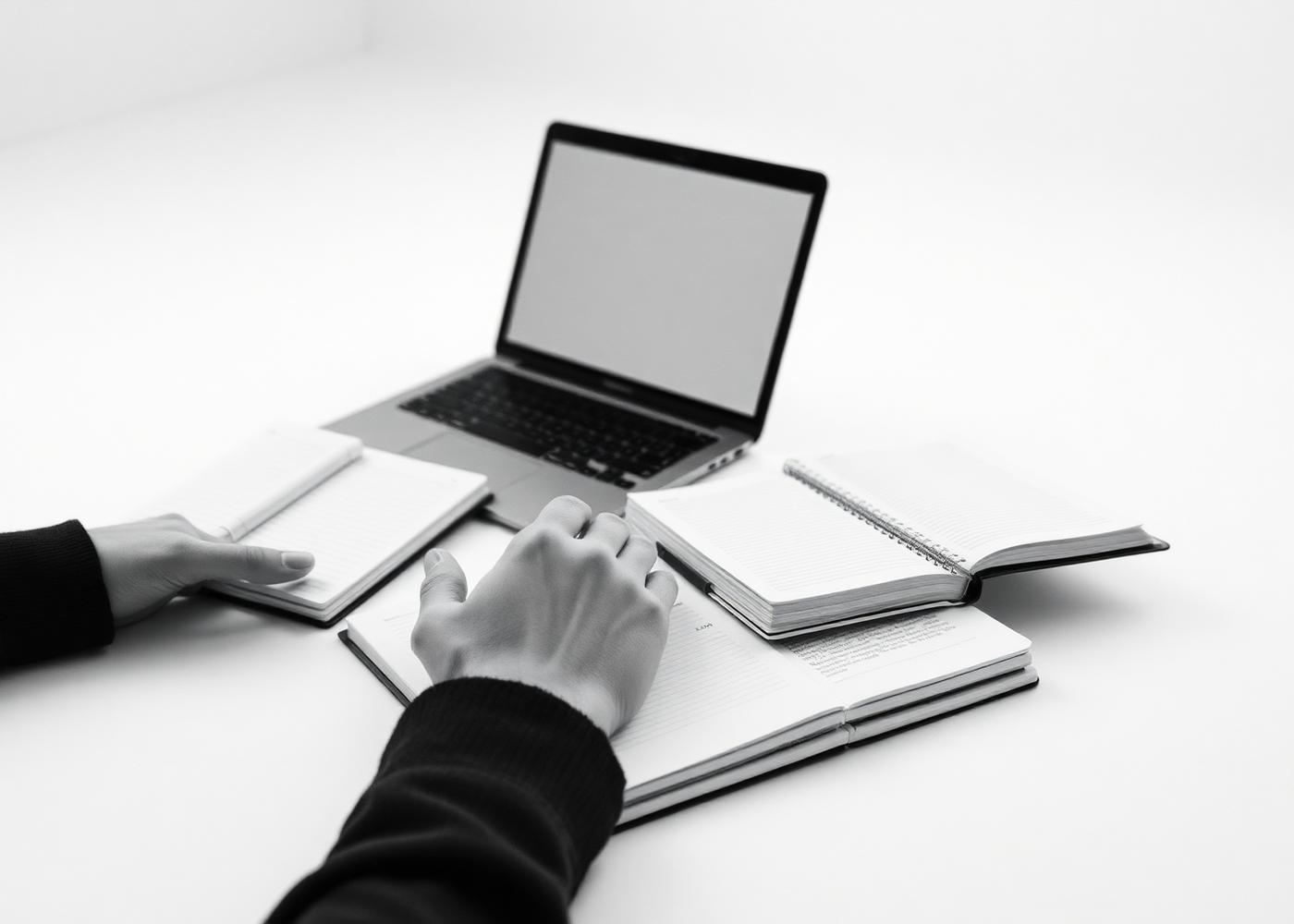 Two people working together with a laptop and open notebooks